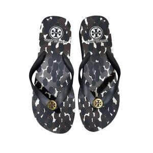 Tory Burch Flip-Flop Sandals Womens 8 Black Wedge Thong Logo Rubber Textured